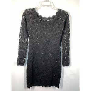 Sequin Hearts Women's Sheer Long Sleeve Lace Sequin Bodycon Dress Black Medium